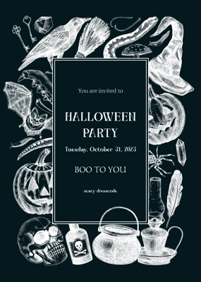 Halloween party invitation design template. Halloween pumpkins, sculls, poisonous mushrooms, bat, raven, snake sketches. Chalkboard background. Hand drawn vector illustration. Banner, card, wreath